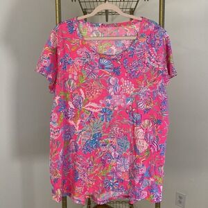 Lilly Pulitzer Shirt Womens XXL Pink Tropical Print Round Neck Short Sleeve